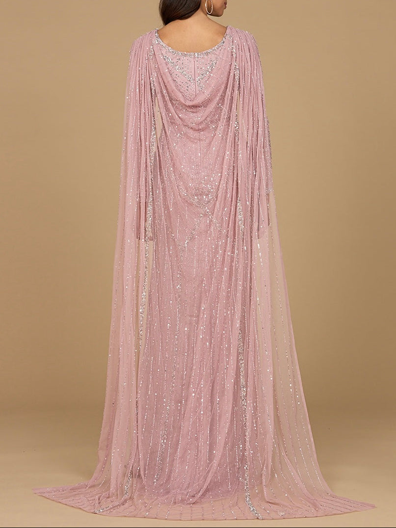 Long Sleeve Beaded Gown with Cape