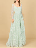 Long Sleeve Beaded Lace Gown