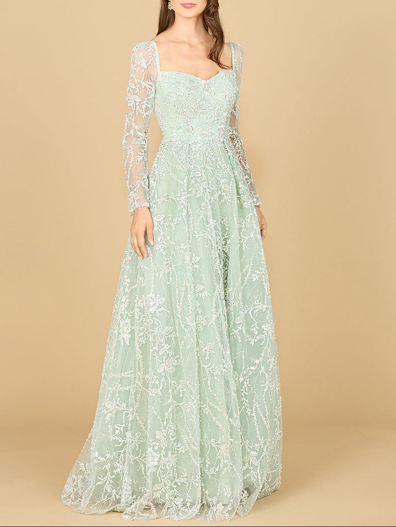 Long Sleeve Beaded Lace Gown