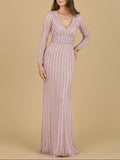 Long Sleeve V-Neck Beaded Gown