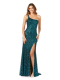 One-Shoulder Beaded Gown with Slit