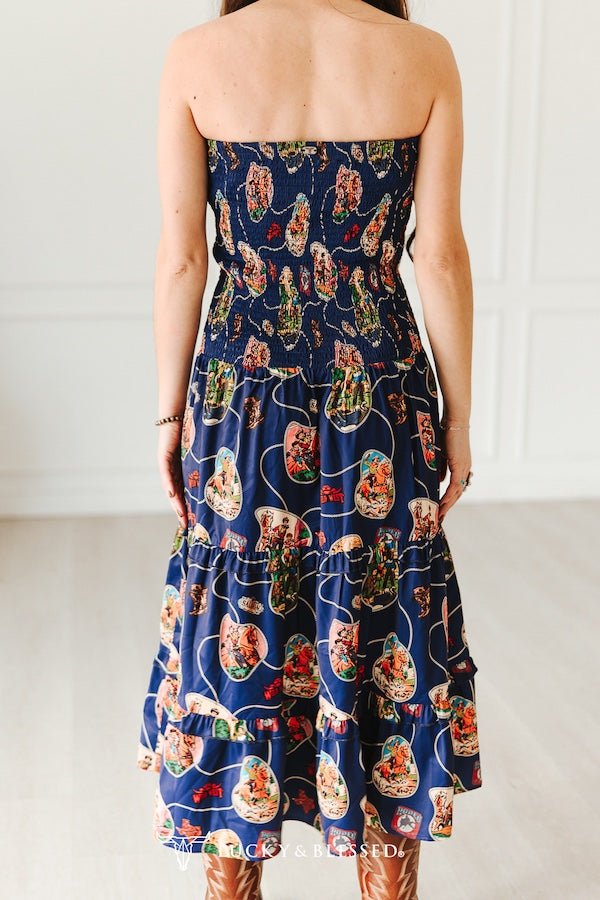 Navy Retro Rodeo Print Smocked Strapless Western Midi Dress
