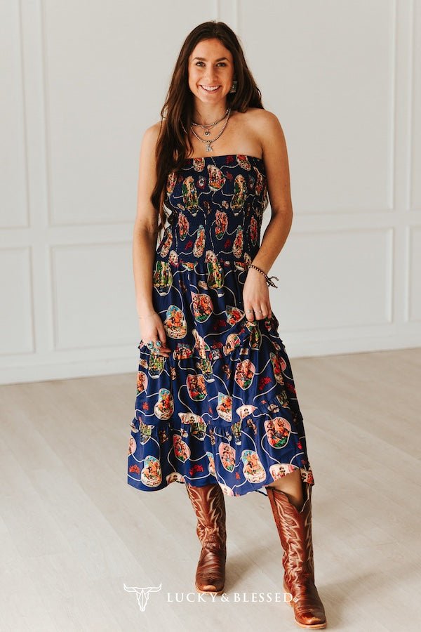 Navy Retro Rodeo Print Smocked Strapless Western Midi Dress