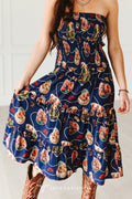 Navy Retro Rodeo Print Smocked Strapless Western Midi Dress