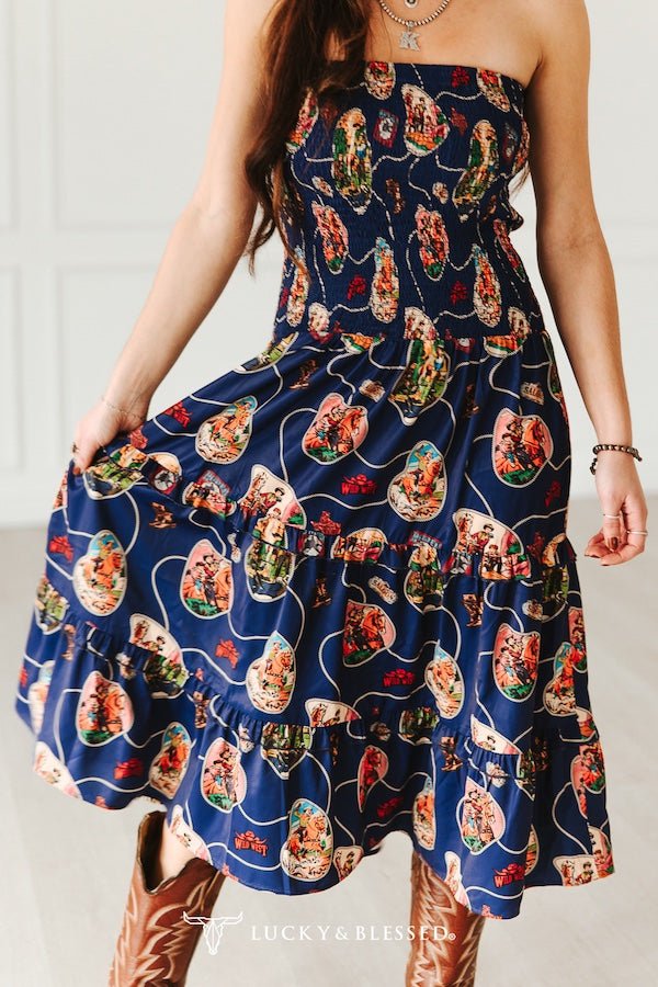 Navy Retro Rodeo Print Smocked Strapless Western Midi Dress