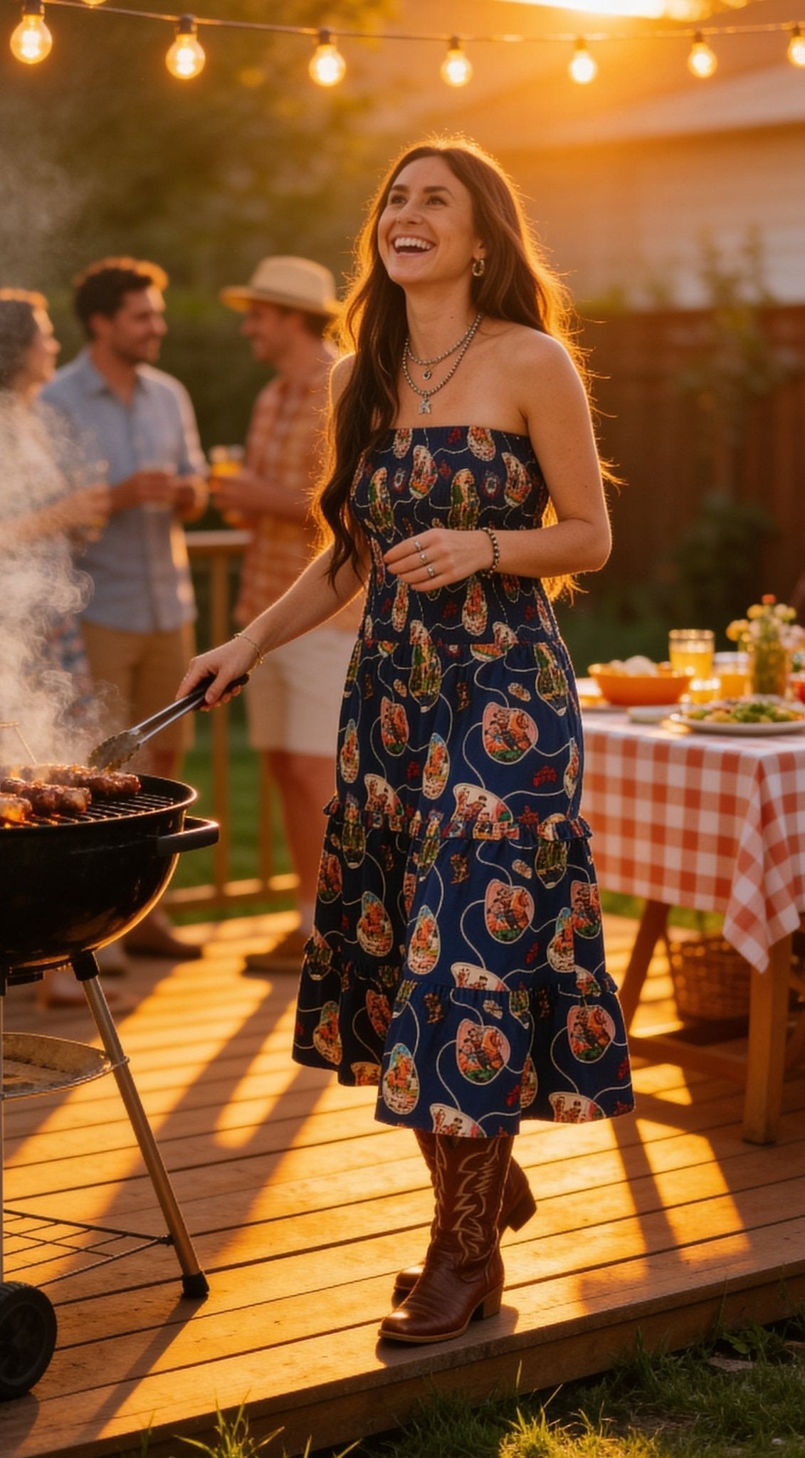 Navy Retro Rodeo Print Smocked Strapless Western Midi Dress